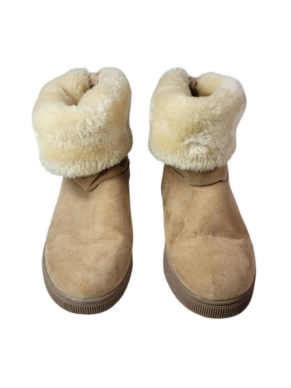 Cat & Jack Girls Fold Down Boots Tan SZ 2 Zip Snap Round Toe Faux Fur Faux Suede
